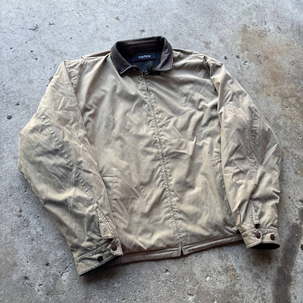 Nautica Reversible Harrington Jacket XXL Tan Grey Fleece Leather Trim Bomber